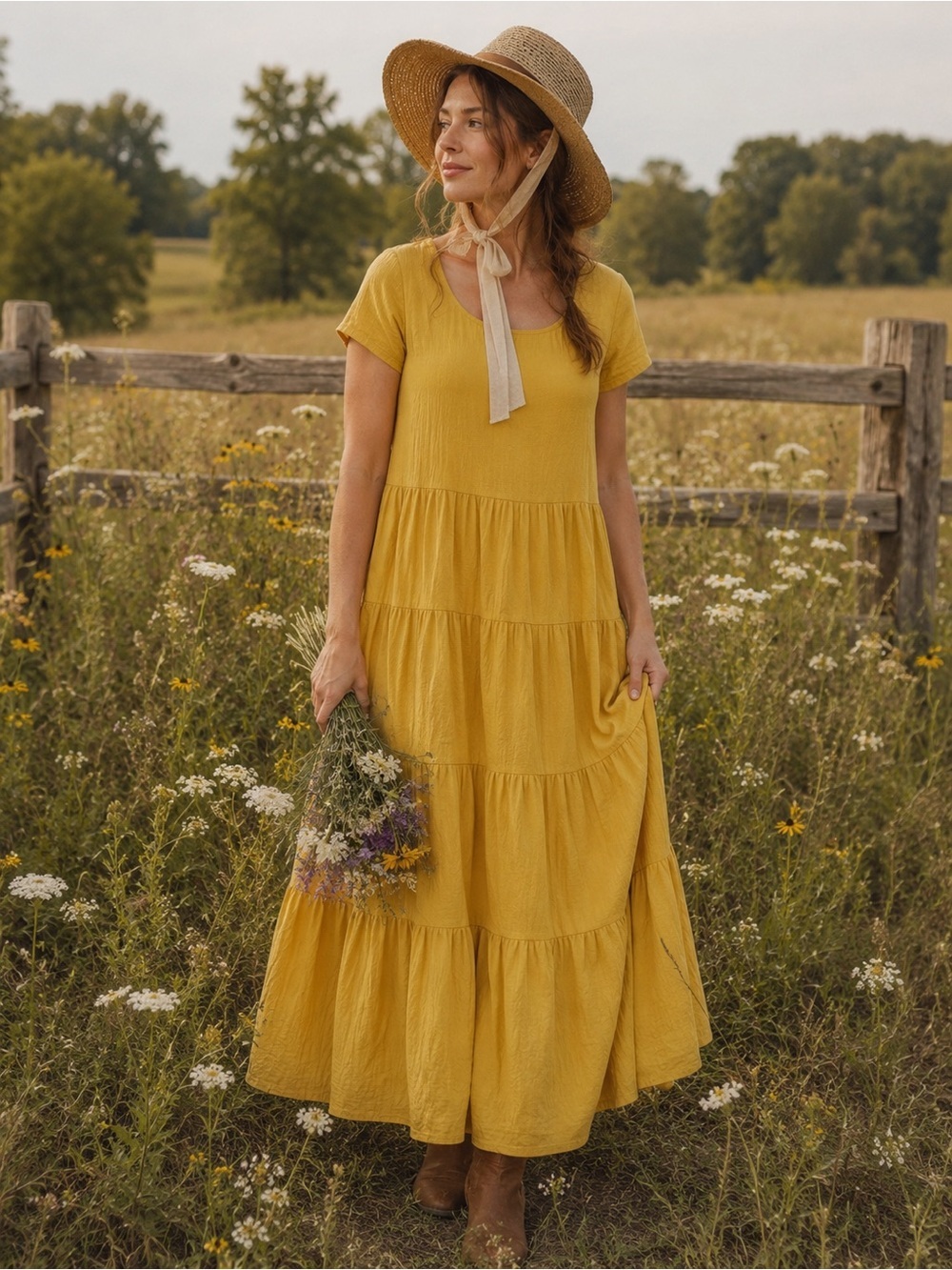 Anthropologie Maeve Gillian Tiered Maxi Dress Short Sleeve Honey Mustard Yellow